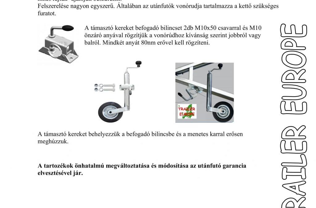 ALFA utánfutó támasztó kerék felszerelési útmutatója