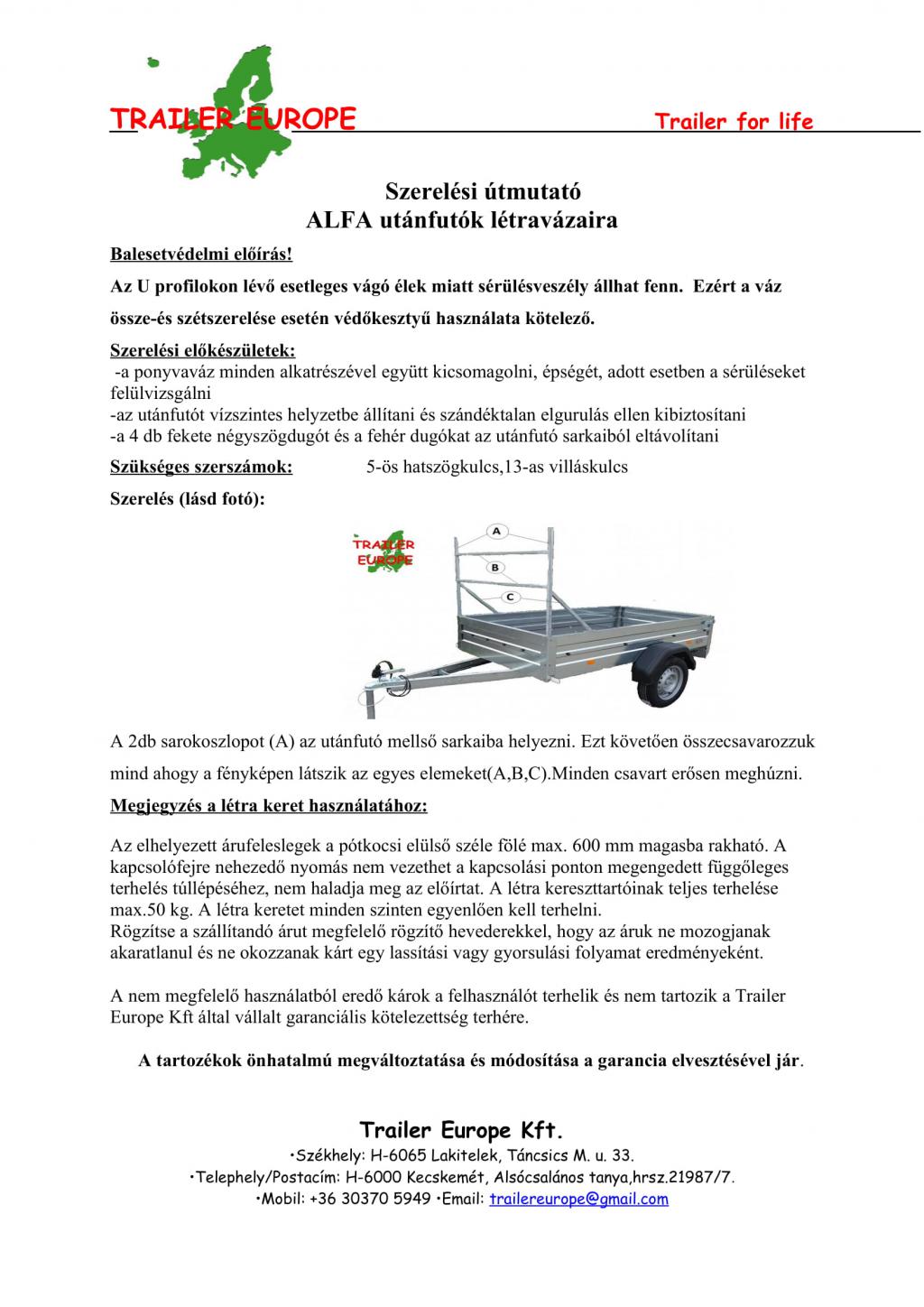 ALFA utánfutók létraváz összeszerelési útmutatója
